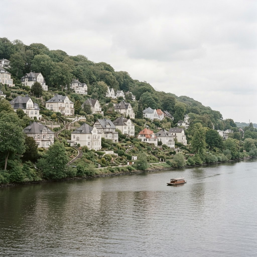 Weiße Villen und Wohnhäuser am bewaldeten Blankeneser Elbhang oberhalb der Elbe