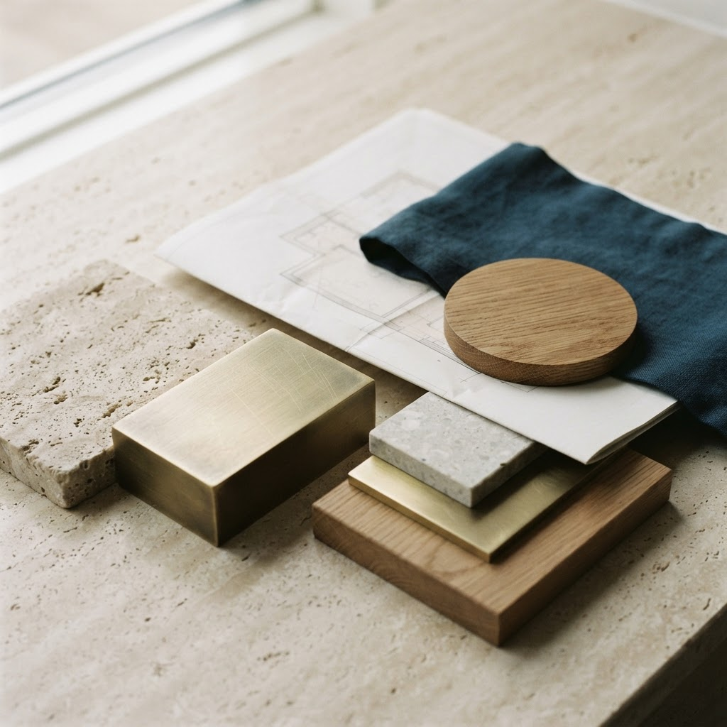 Ruhiges Detailbild von Materialien und einem Bauplan als Sinnbild sorgfältiger Planung