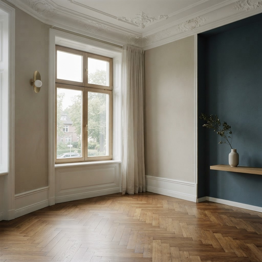 Hell renovierter Altbau-Wohnraum mit Stuck, Parkett und ruhiger, hochwertiger Gestaltung